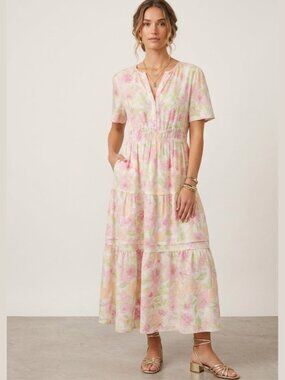BNWT CASA CABANA Floral Tiered Maxi Dress Linen Blend Sz L Coastal Boho Summer